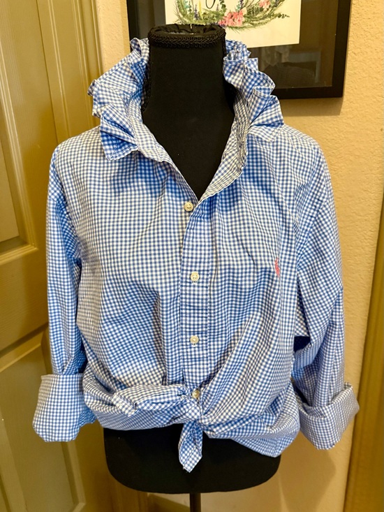 Ralph Lauren Tops - Upcycled Ralph Lauren Blue and White Gingham Ruffles-Collar Shirt. Xl